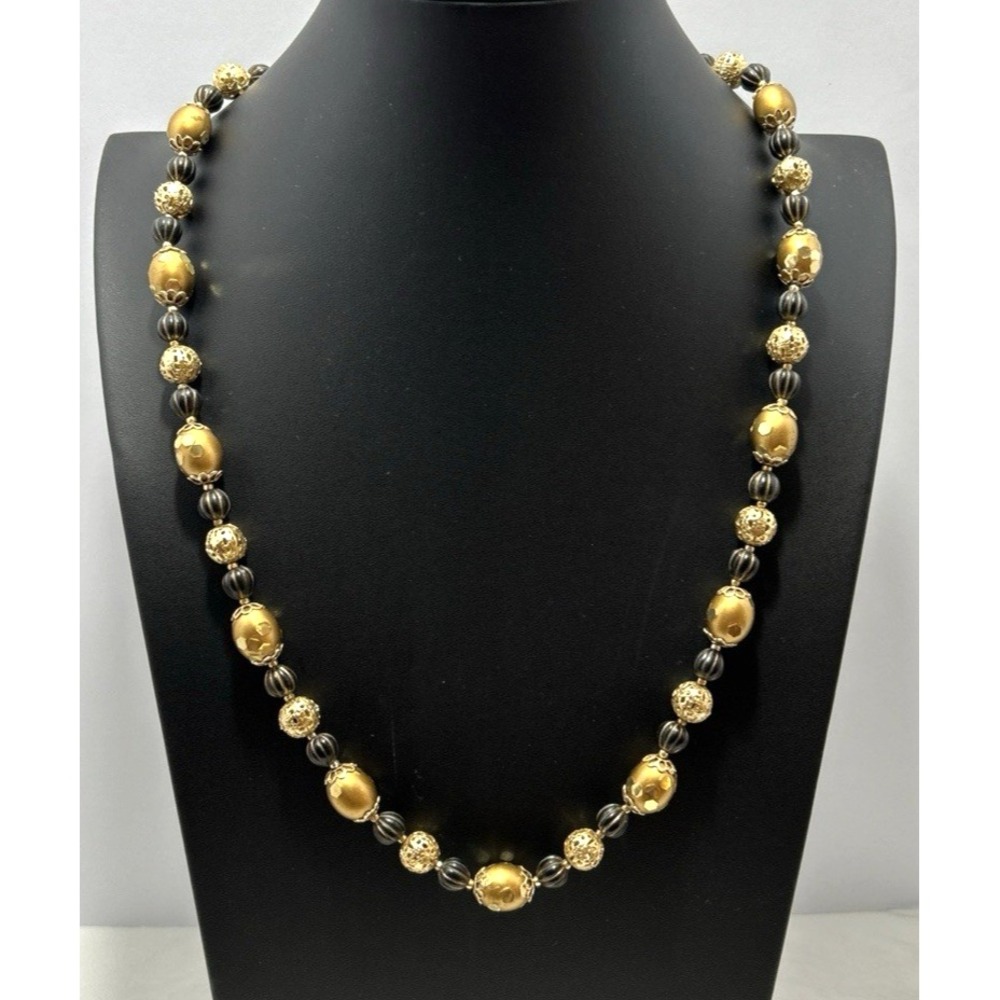 Vintage Beaded Chain Necklace Gold Toned & Black Beads Marked Hong Kong 27" L